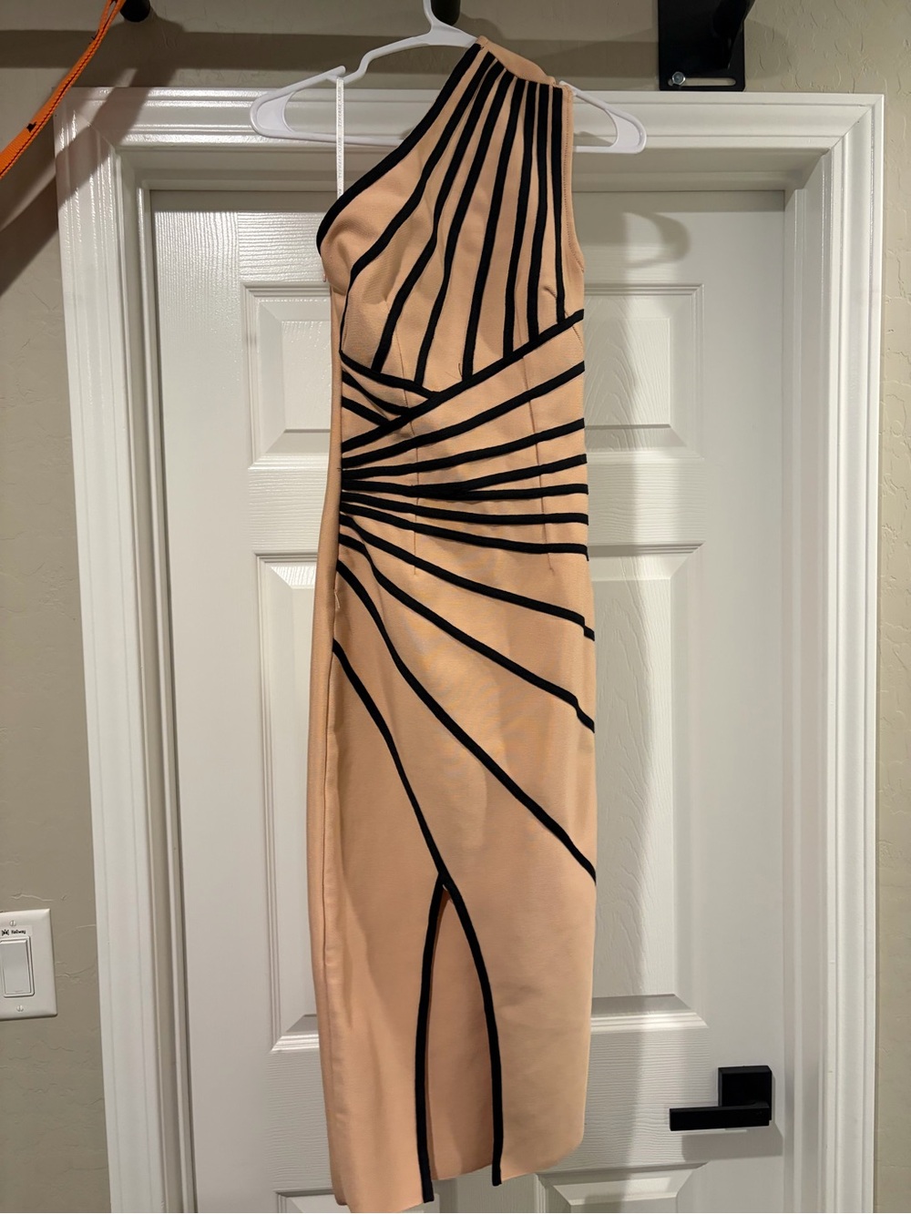 Women's One-Shoulder Nude Dress with Black Trim
